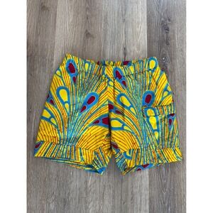 SN African Wax Print Shorts Mens Medium Yellow Blue Peacock Cargo Pocket